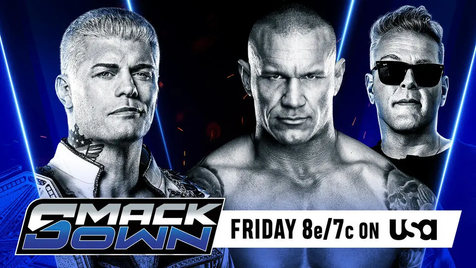 A WWE SmackDown results graphic for April 10, 2026 featuring Pat McAfee, Randy Orton and Cody Rhodes.