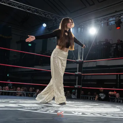 Official ring announcer of RevPro Francesca Oliver in the ring.