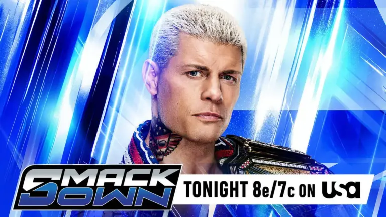 WWE SmackDown graphic of Cody Rhodes with the Undisputed WWE Championship.