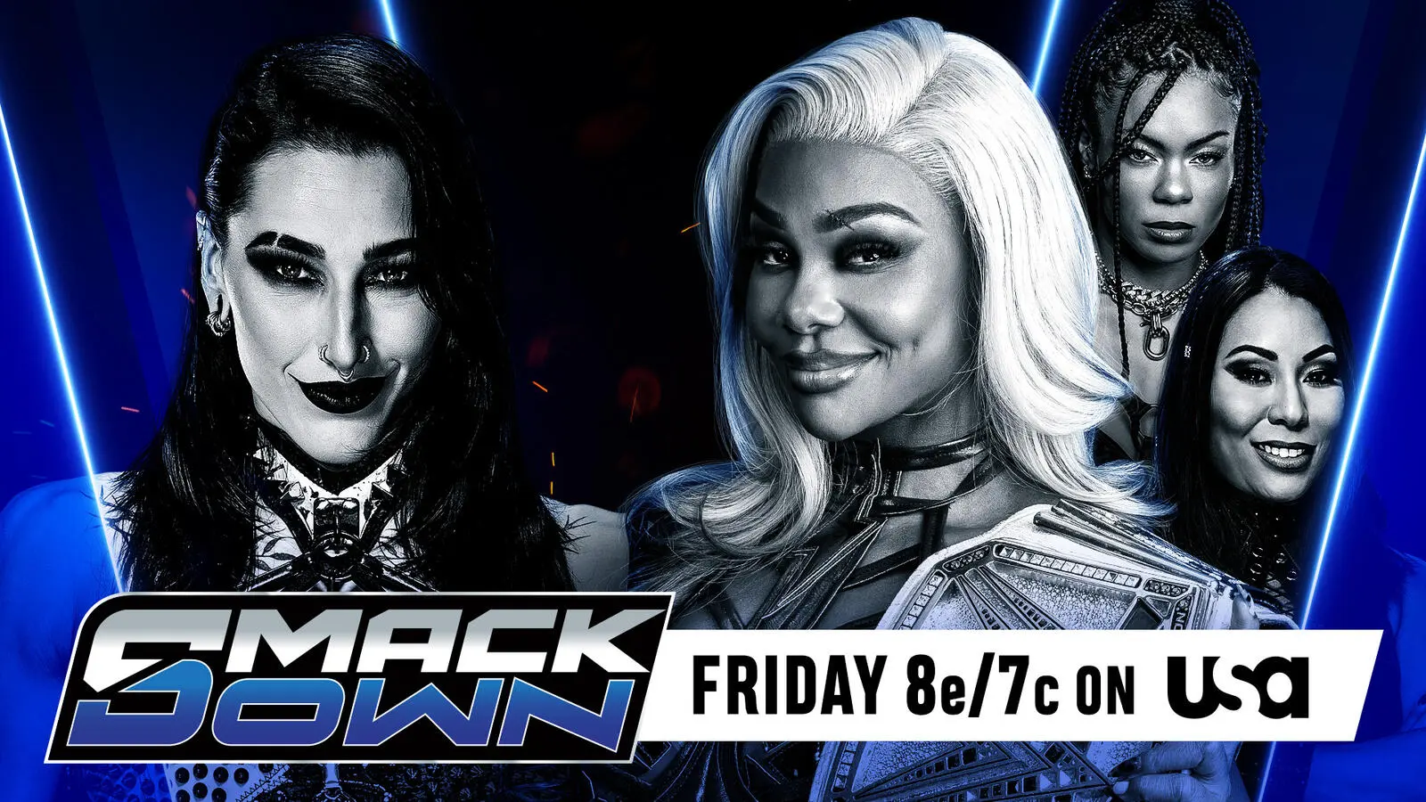 A WWE SmackDown results graphic for April 3, 2026, live from St. Louis, Missouri, featuring Rhea Ripley and WWE Women's Champion Jade Cargill.