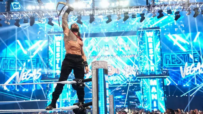 A graphic of Roman Reigns with the World Heavyweight title at WrestleMania 42 Night Two
