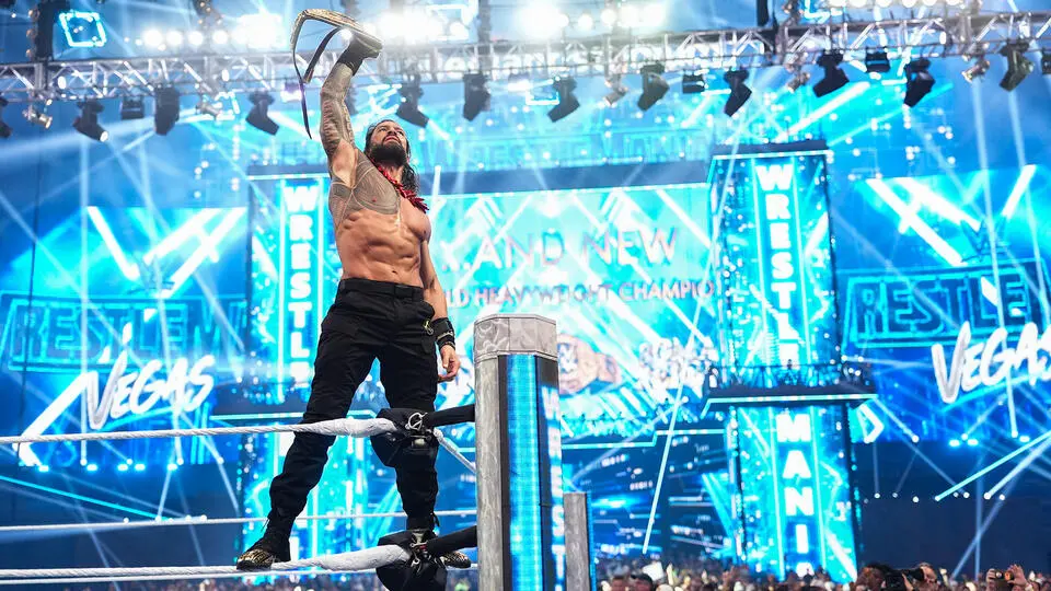 A graphic of Roman Reigns with the World Heavyweight title at WrestleMania 42 Night Two