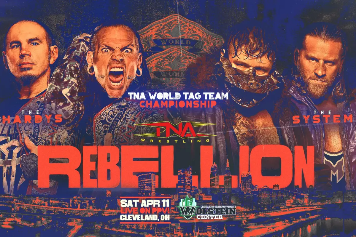 A graphic of the TNA Tag Team title match at TNA Rebellion 2026