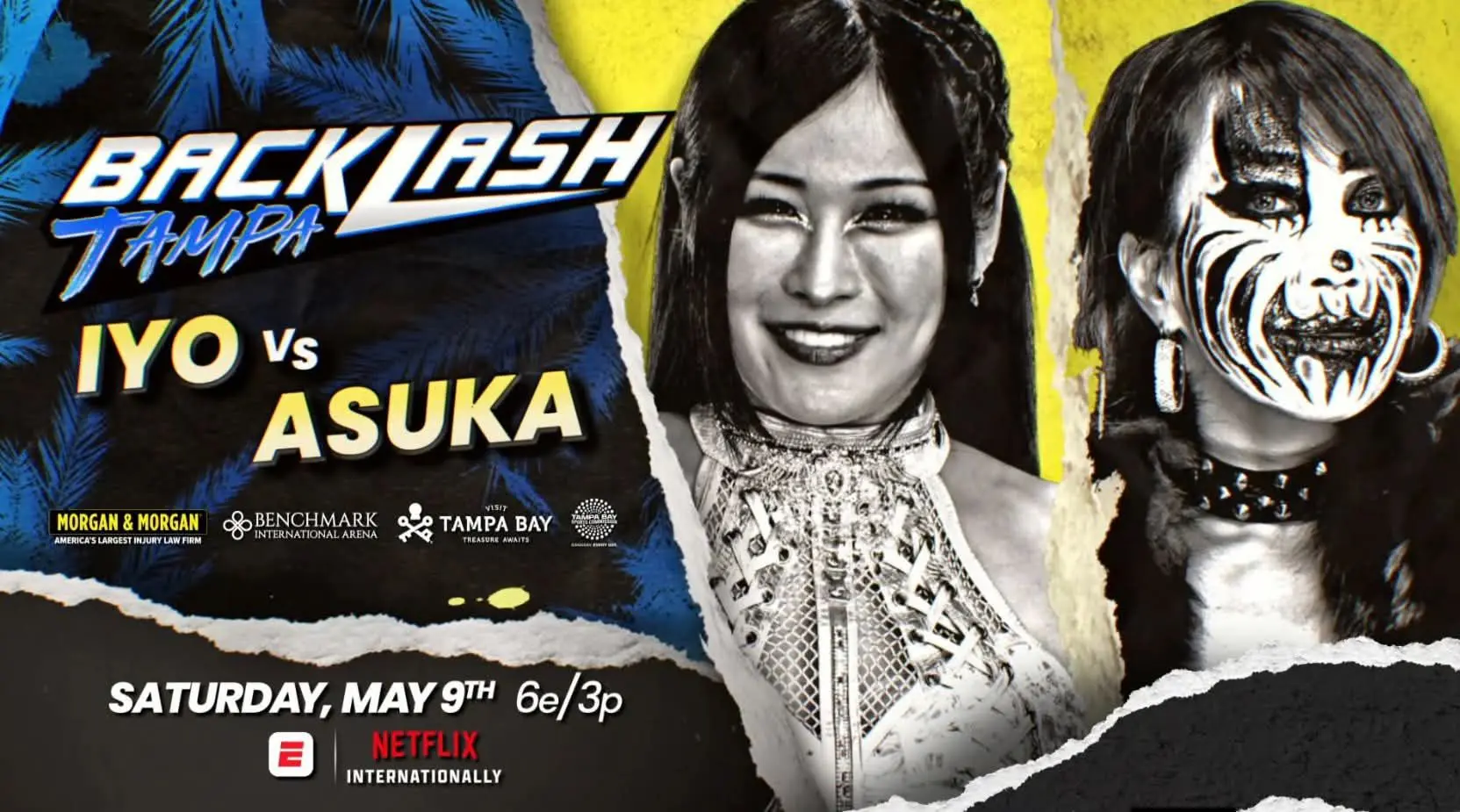 WWE Backlash 2026 graphic featuring IYO SKY and Asuka, a match that saw the return of Kairi Sane.