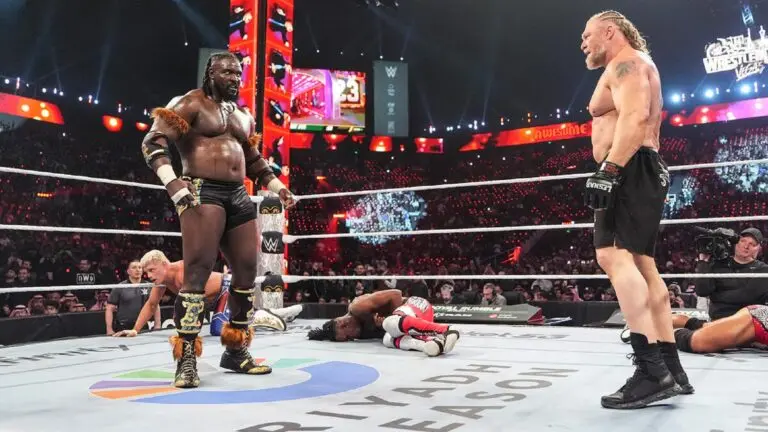 A graphic of Oba Femi and Brock Lesnar at the WWE Royal Rumble in Saudi Arabia, their first encounter