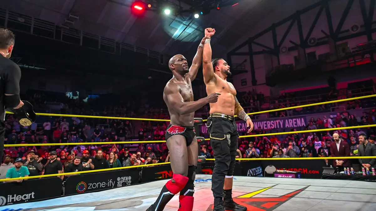 A picture of Rich Swann and Mike Santana after their TNA World Championship match on the April 23, 2026, episode of Thursday Night iMPACT