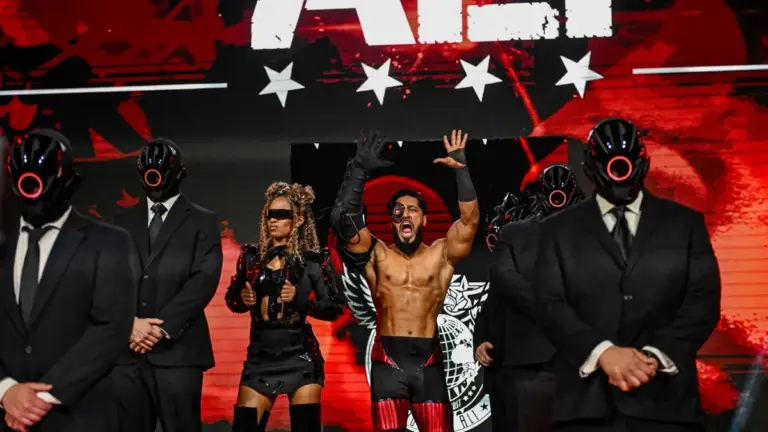 A graphic of Mustafa Ali entrance at TNA Rebellion 2026 where he became TNA International Champion