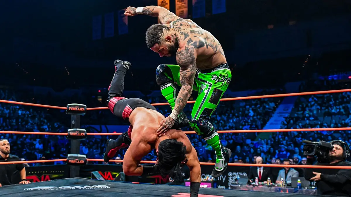 A graphic of Trey Miguel and Mustafa Ali at TNA Rebellion 2026