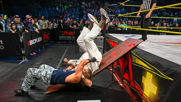 A graphic of Matt Hardy slamming Dutch into a table on the April 23, 2026, episode of Thursday Night iMPACT