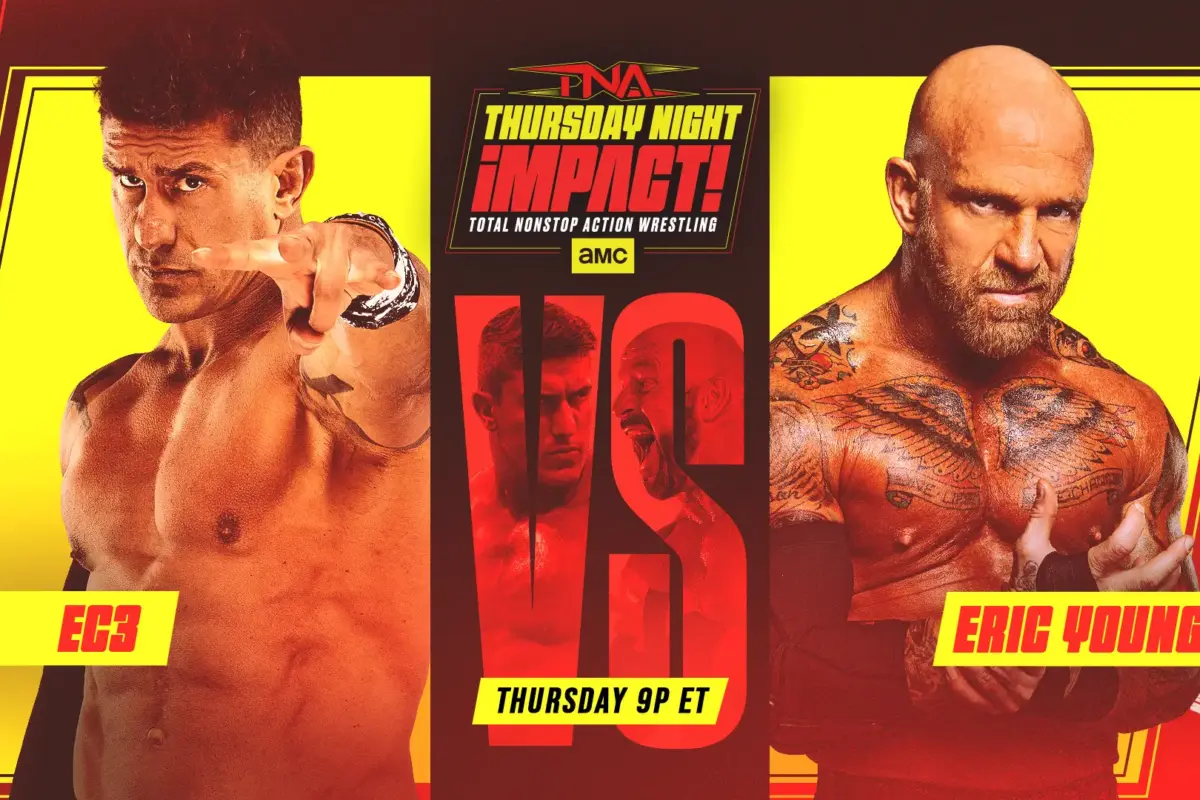 A graphic of TNA Thursday Night iMPACT April 16, 2026 preview. Ec3 faces Eric Young