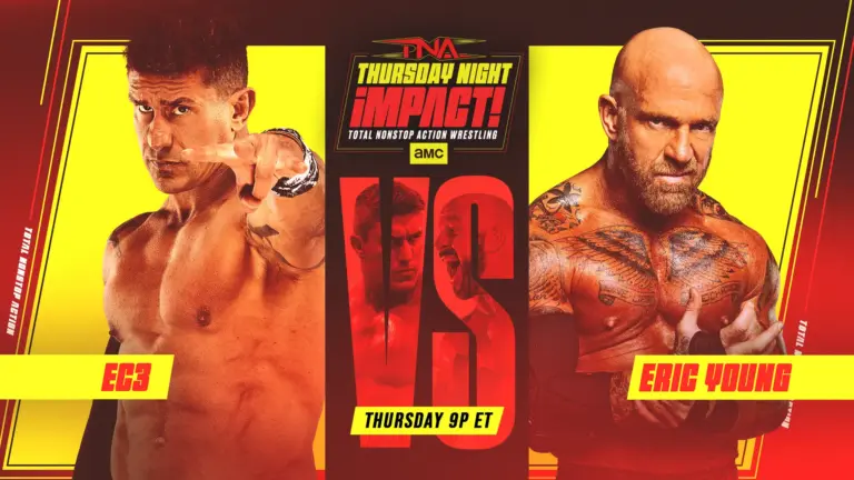 A graphic of TNA Thursday Night iMPACT April 16, 2026 preview. Ec3 faces Eric Young