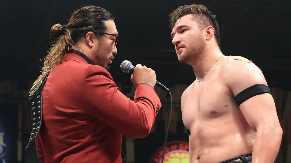 A graphic of Yota Tsuji and Callum Newman match at NJPW Sakura Genesis