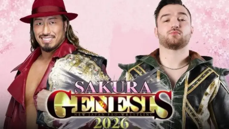 A graphic of Yota Tsuji and Callum Newman match at NJPW Sakura Genesis