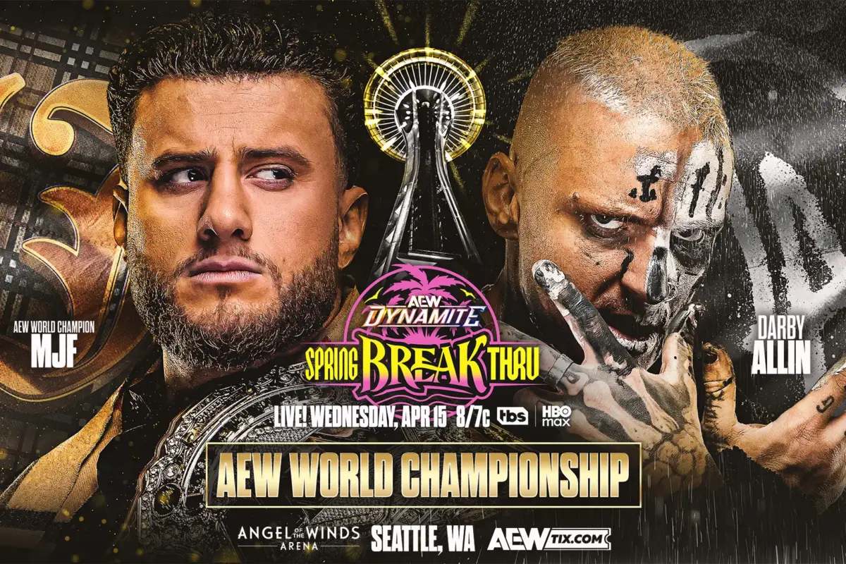 A graphic of AEW Spring BreakThru 2026. MJF will defend the AEW World Championship against Darby Allin