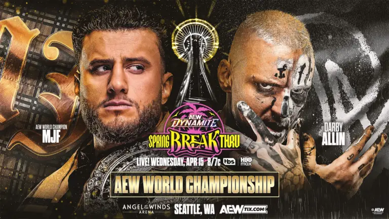 A graphic of AEW Spring BreakThru 2026. MJF will defend the AEW World Championship against Darby Allin