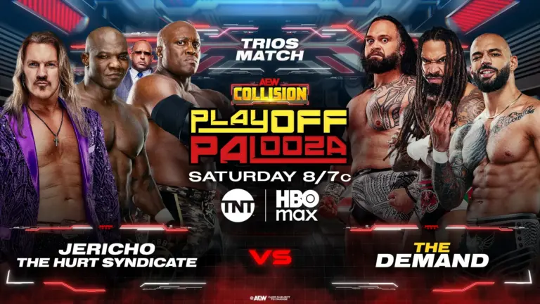 A graphic of the 6-Man match on the April 25, 2026 episode of AEW Collision