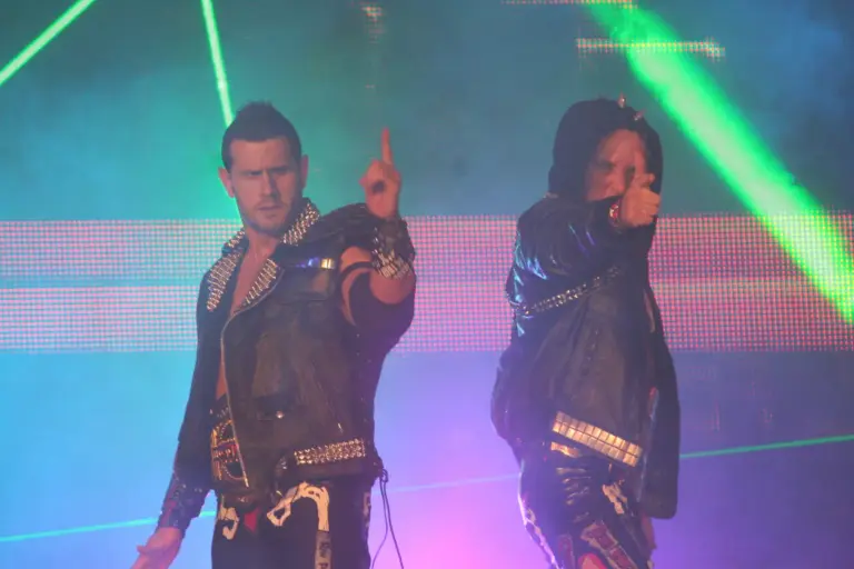 Motor City Machine Guns (MCMG), Alex Shelley and Chris Sabin, at a TNA Wrestling event in 2010 with the TNA World Tag Team Championships.
