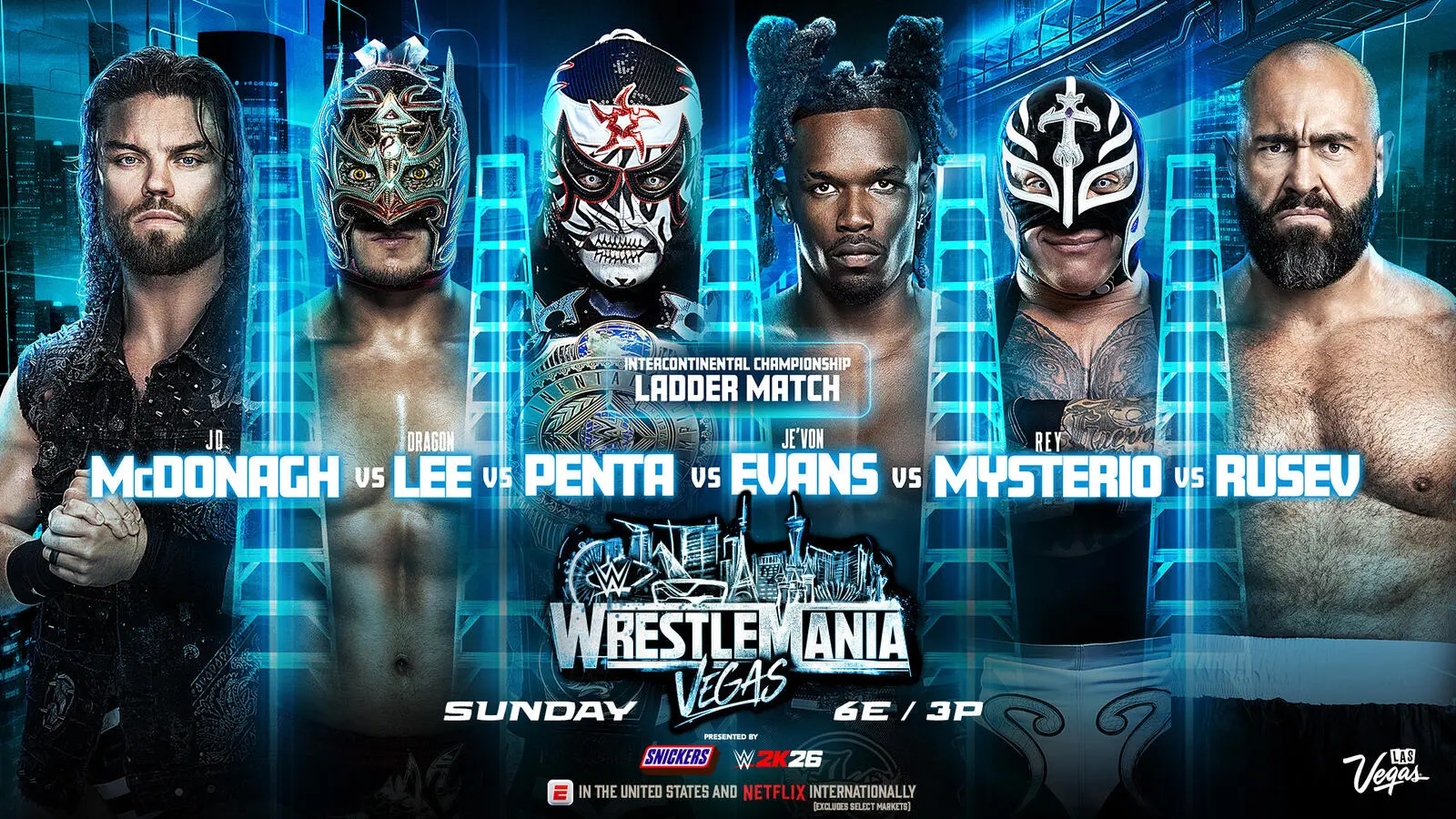 WWE WrestleMania 42 graphic featuring the competitors for the Intercontinental 6-Way Ladder Match for Night 2, April 19, 2026.