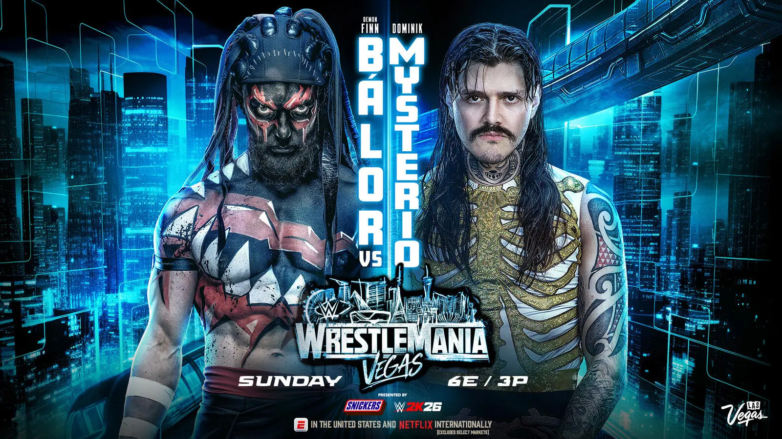 A graphic of the WrestleMania 42 Sunday match between The Demon Finn Balor and Dominik Mysterio