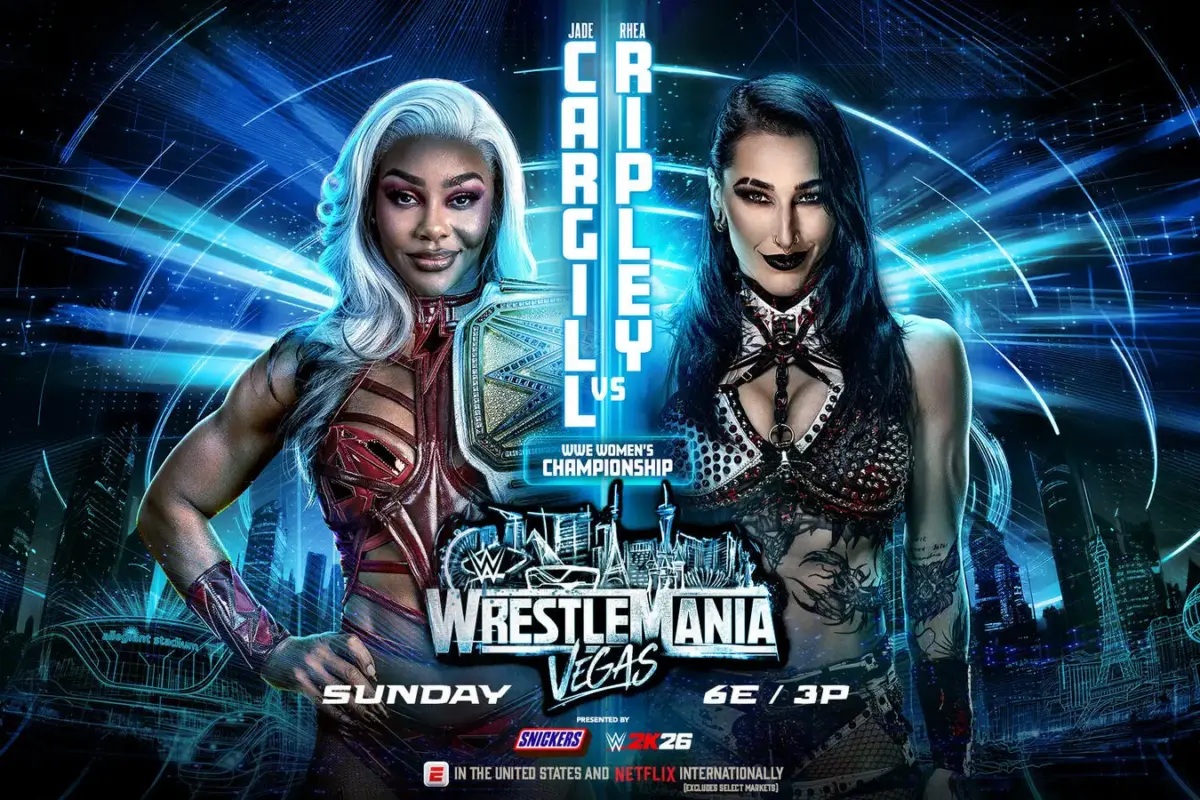 WWE WrestleMania 42 graphic featuring Rhea Ripley and Jade Cargill for their WWE Women's Championship Match.