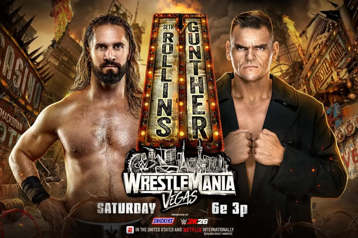 A WWE WrestleMania 42 graphic of Seth Rollins vs. Gunther
