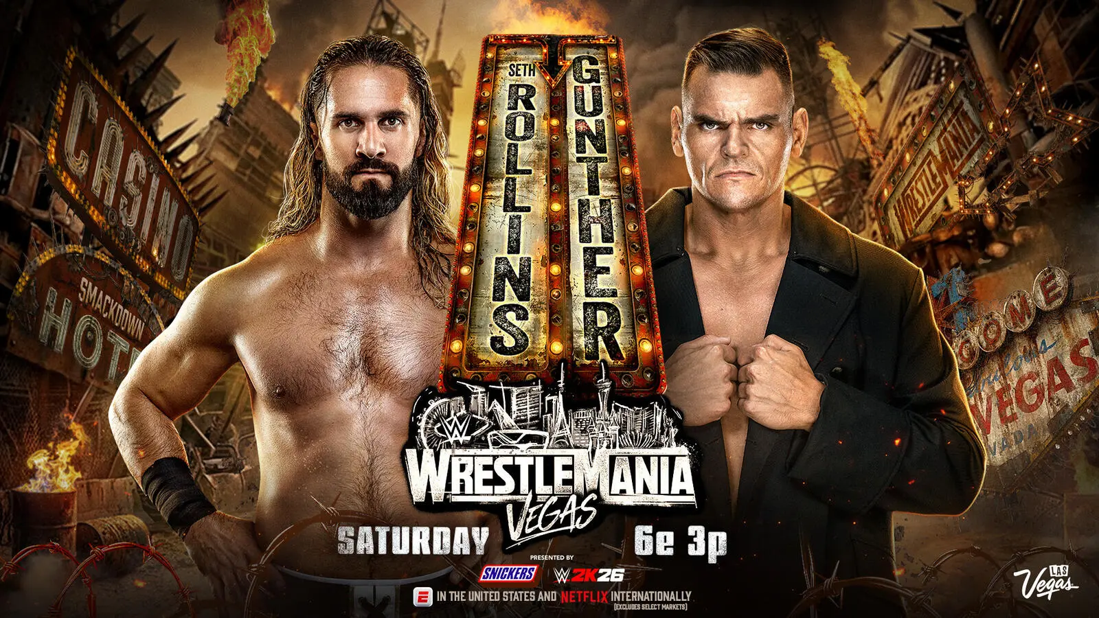A WWE WrestleMania 42 graphic of Seth Rollins vs. Gunther