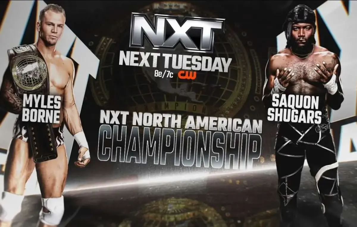 A WWE NXT Match Graphic of Myles Borne vs. Saquon Shugars for the NXT North American Championship
