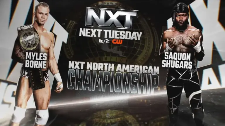 A WWE NXT Match Graphic of Myles Borne vs. Saquon Shugars for the NXT North American Championship
