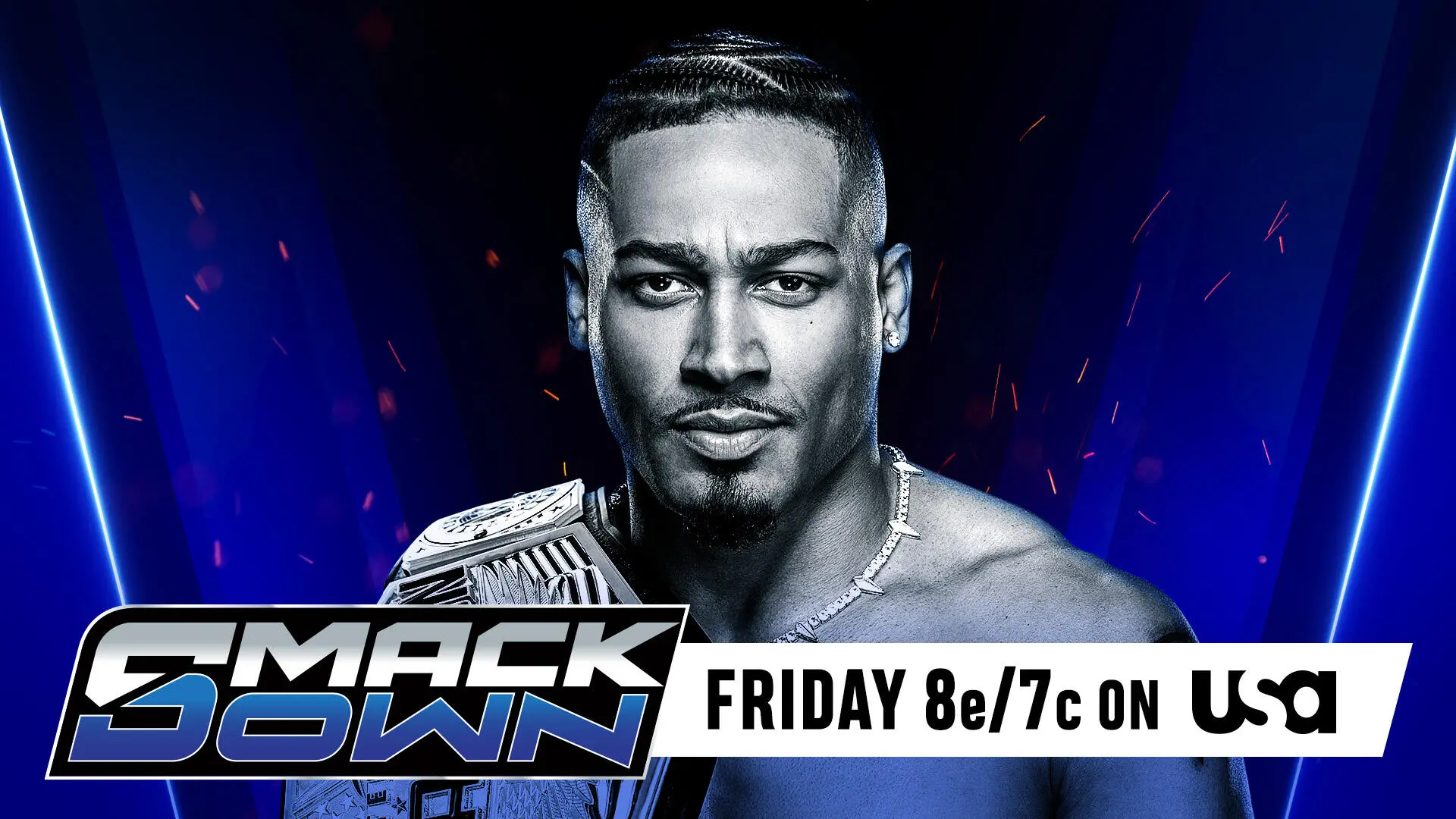 A graphic of Carmelo Hayes Open Challenge on SmackDown when he was the US Champion