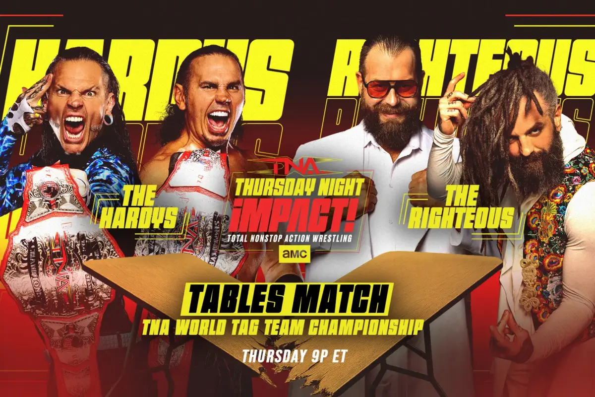 A graphic of the April 9, 2026, episode of TNA Thursday Night iMPACT. The Hardys vs The Righteous