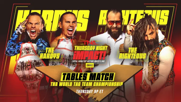 A graphic of the April 9, 2026, episode of TNA Thursday Night iMPACT. The Hardys vs The Righteous
