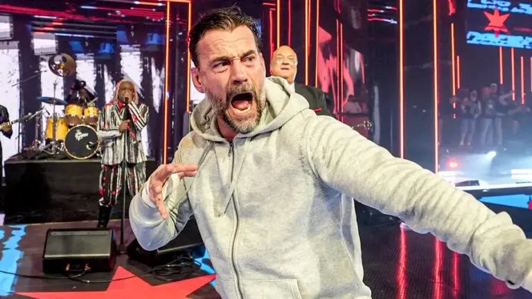 A graphic of CM Punk making his WrestleMania entrance with the band Living Colour