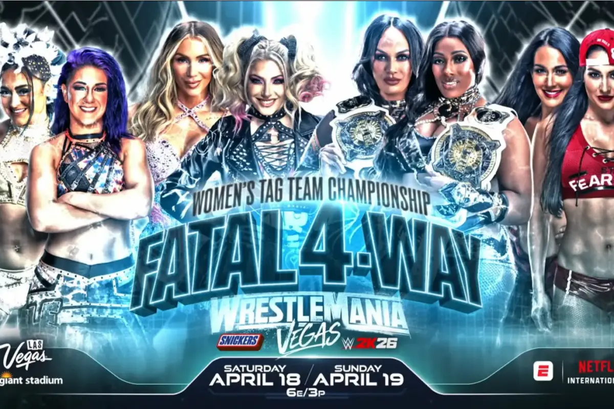 Women's tag team championship match graphic featuring Charlotte Flair/Alexa Bliss, the Irresistible Forces, Bayley/Lyra Valkyria, and the Bellas, which now becomes a team of Brie Bella and Paige following an injury to Nikki Bella.