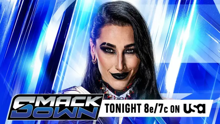 WWE SmackDown results graphic of Rhea Ripley with the WWE Women's Championship.