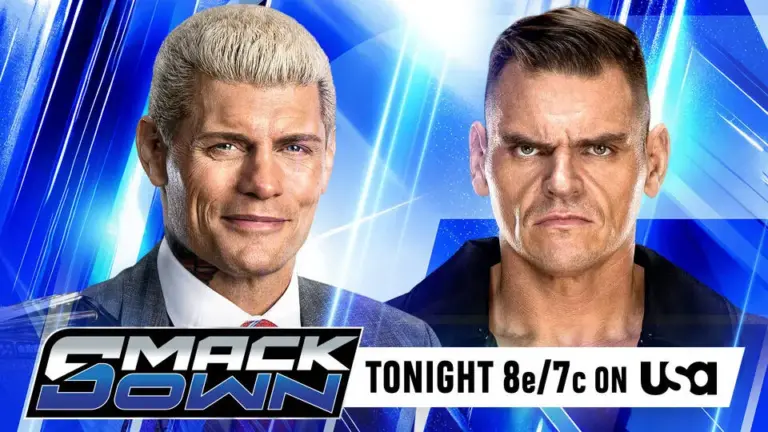 WWE SmackDown spoilers and results graphic featuring Gunther and Cody Rhodes, who will fight at Clash in Italy.