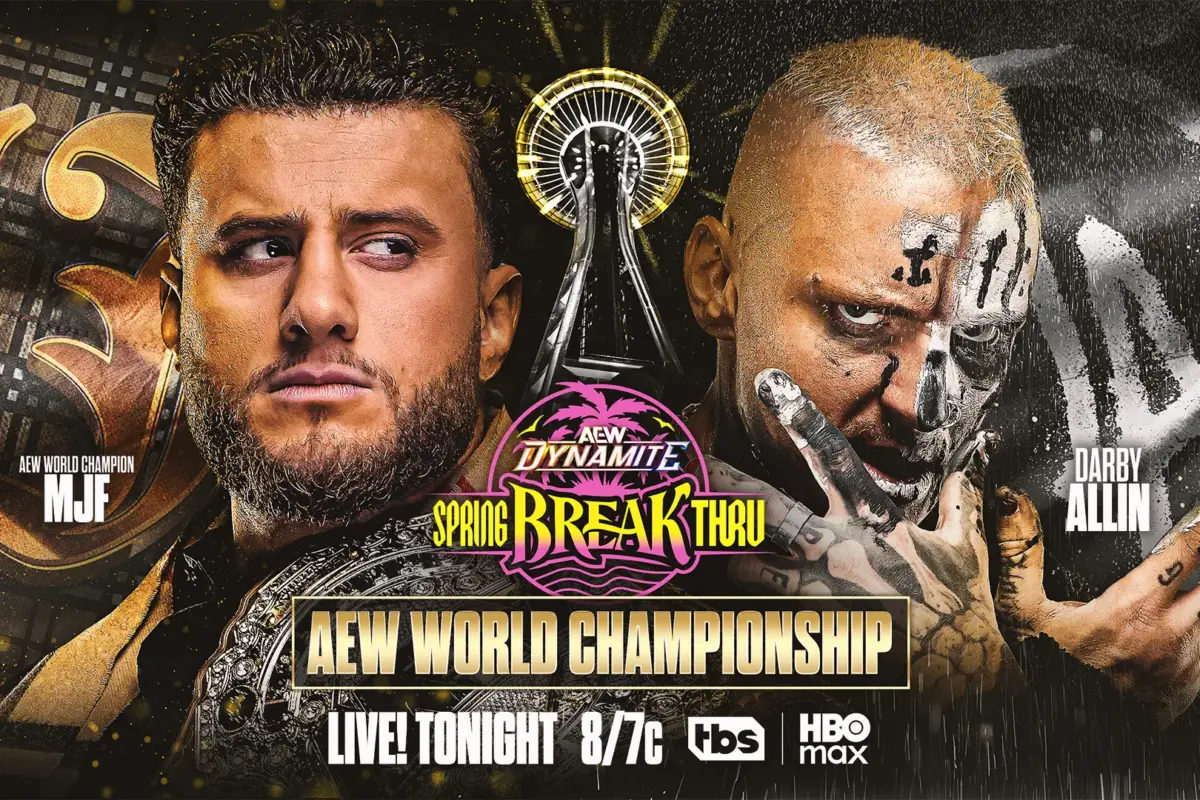 An AEW April 2026 AEW Dynamite Spring Break Thru graphic featuring Darby Allin, who had a good April 2026 in AEW.