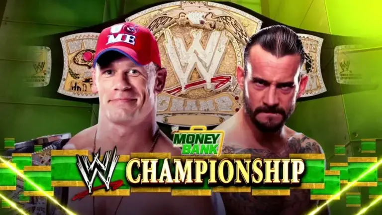 WWE Money in the Bank 2011 graphic of CM Punk and Main Event, one of the best matches of the WWE PG Era.