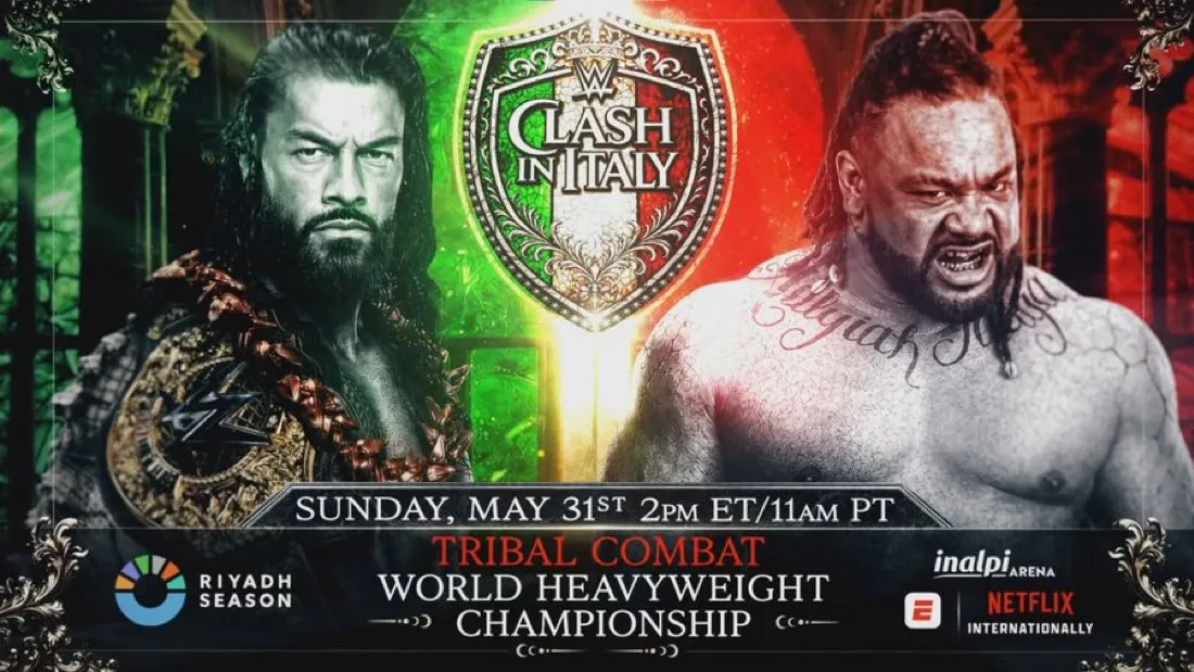WWE Clash in Italy graphic of Roman Reigns and Jacob Fatu.