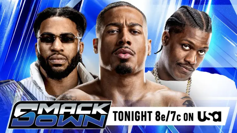 WWE SmackDown graphic of Trick Williams, Carmelo Hayes, and Lil Yachty.