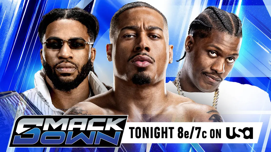 WWE SmackDown graphic of Trick Williams, Carmelo Hayes, and Lil Yachty.