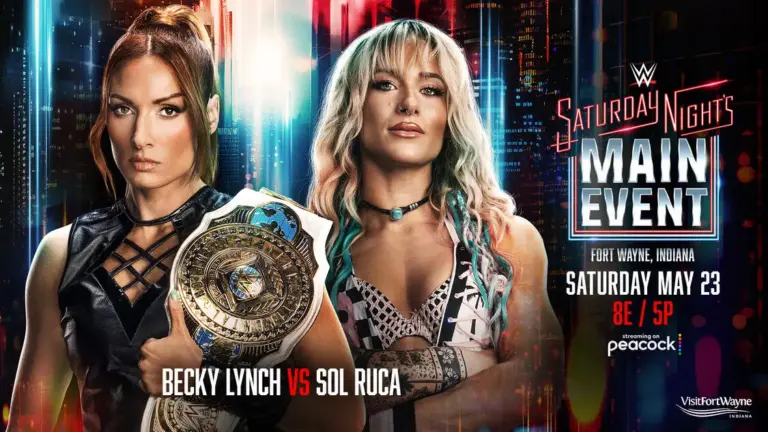 WWE Saturday Night's Main Event (SNME) graphic for May 23, 2026 featuring Becky Lynch and Sol Ruca.