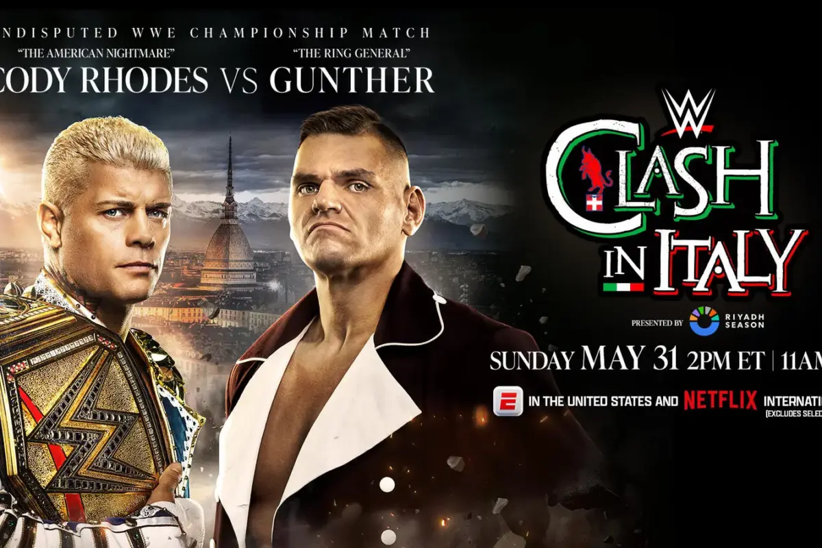 WWE Clash in Italy graphic of Cody Rhodes and Gunther for the Undisputed WWE Championship.