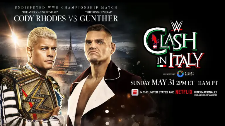 WWE Clash in Italy graphic of Cody Rhodes and Gunther for the Undisputed WWE Championship.