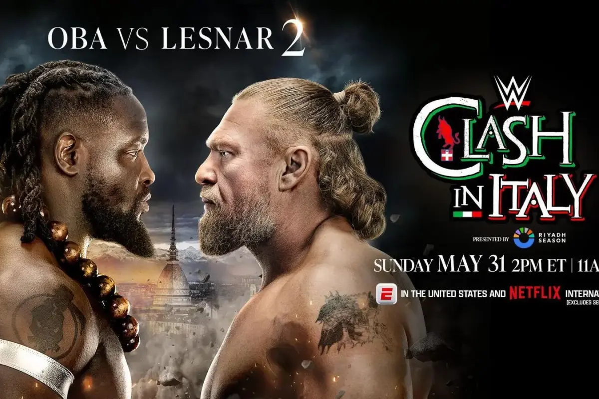 WWE Clash in Italy graphic of Brock Lesnar and Oba Femi.
