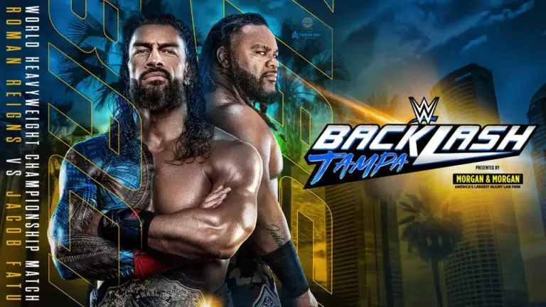 WWE Backlash 2026 results graphic featuring World Heavyweight Champion Roman Reigns and Jacob Fatu.