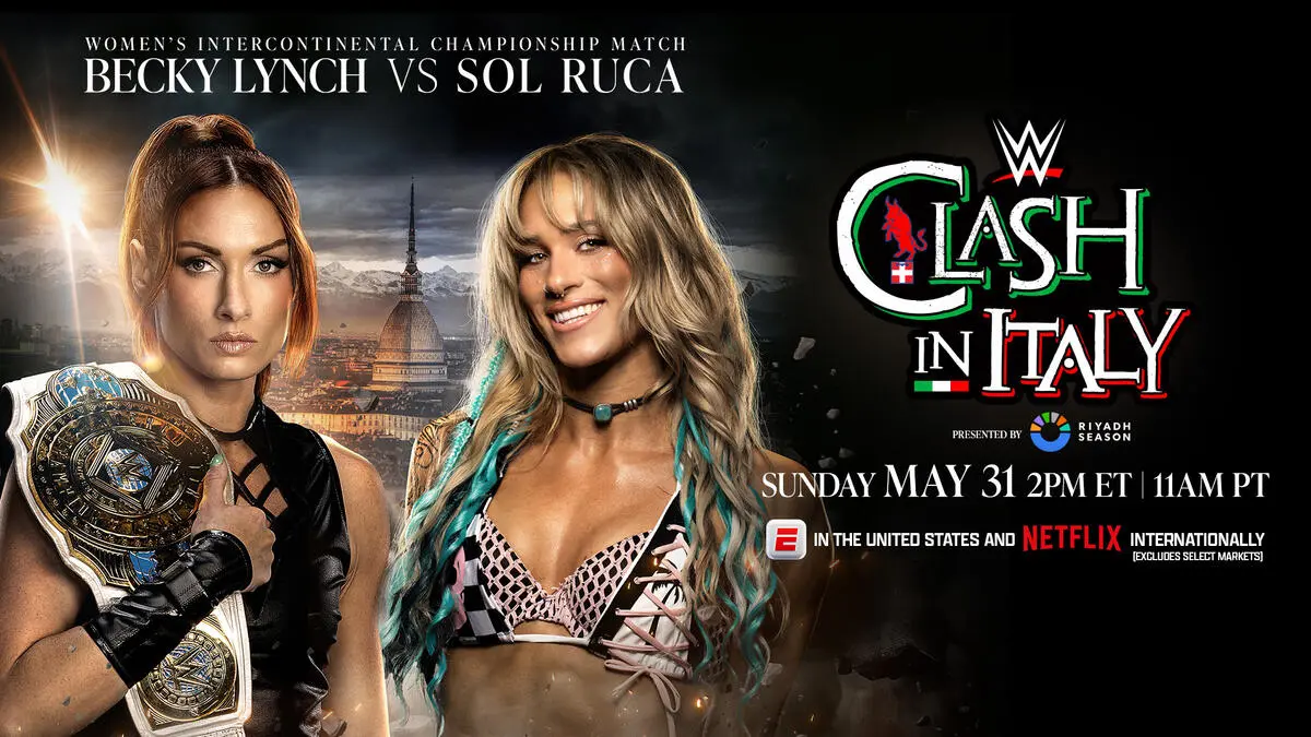WWE Clash in Italy results graphic of Sol Ruca and Becky Lynch.