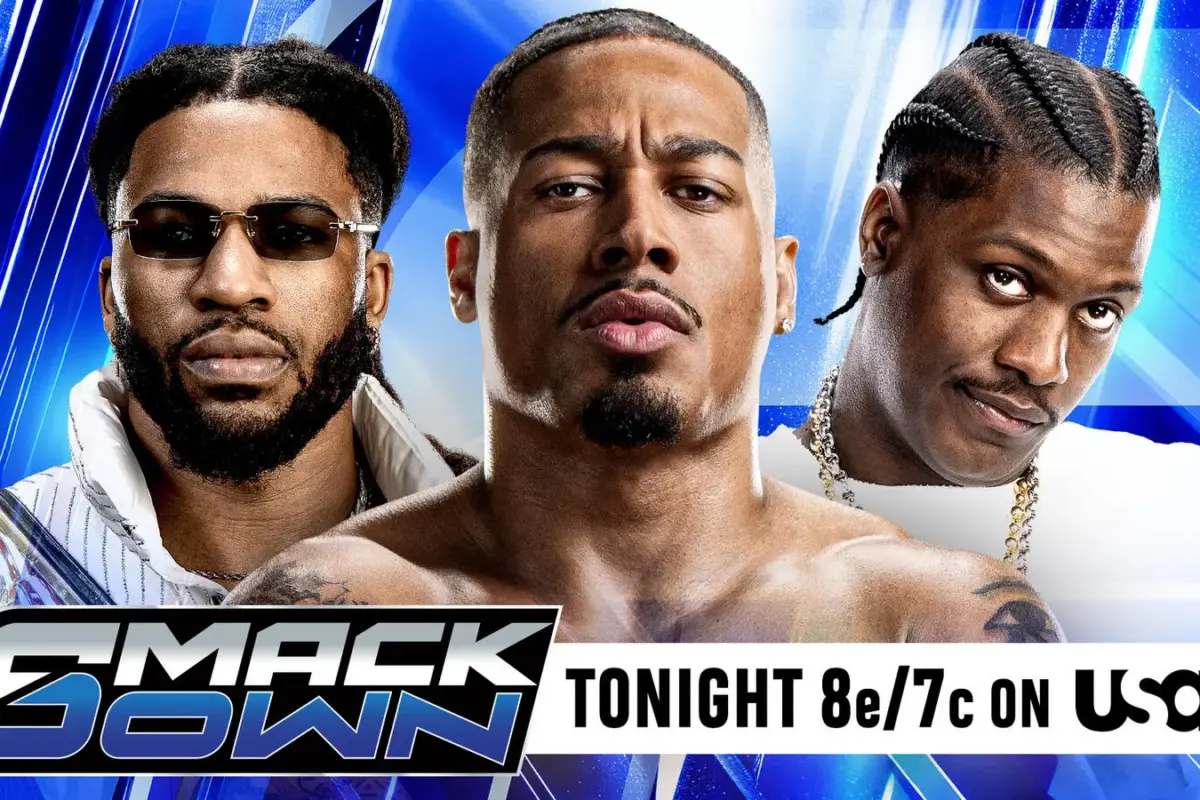 WWE SmackDown results graphic of Carmelo Hayes, Trick Williams and Lil Yachty.