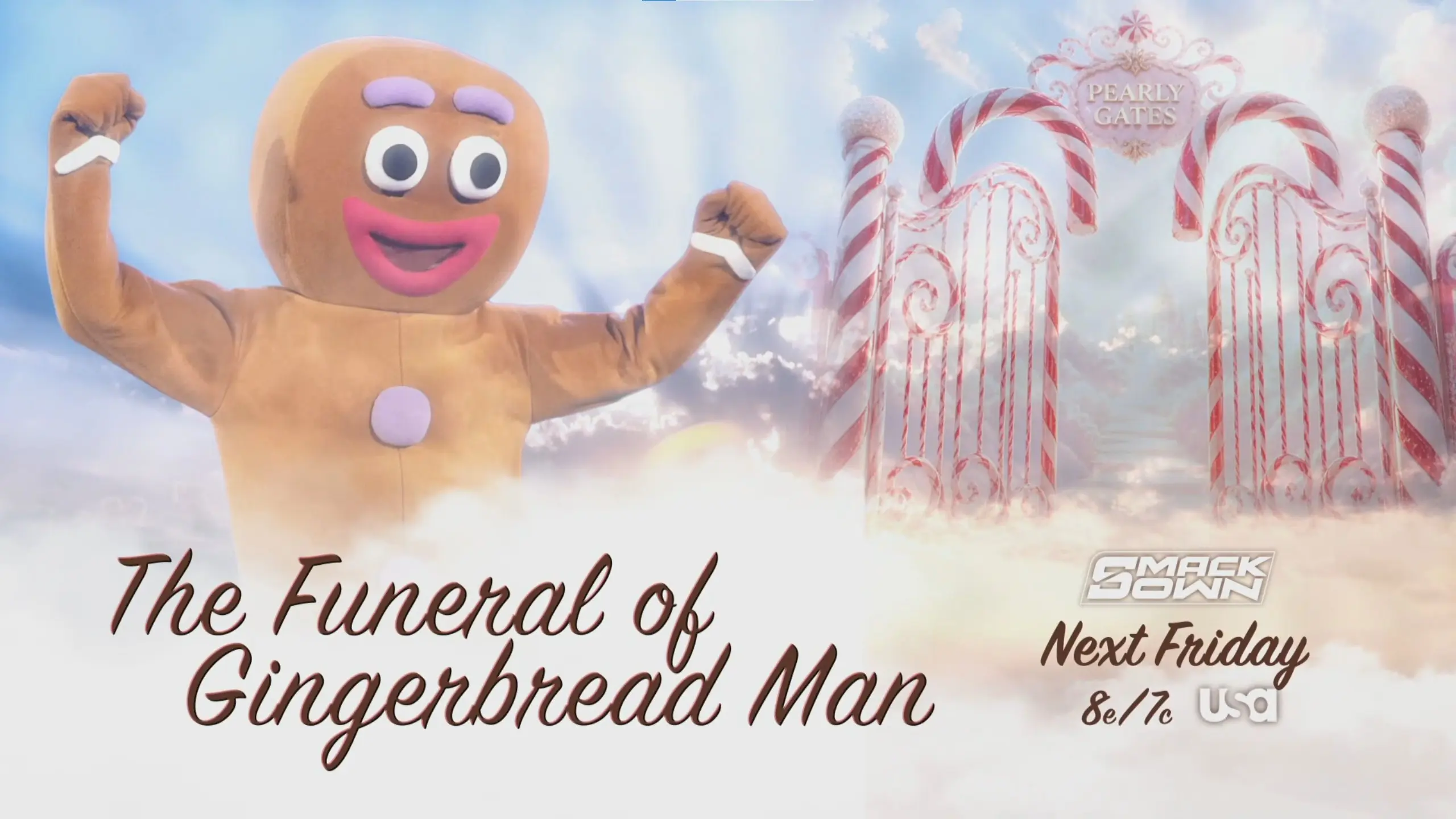 WWE SmackDown graphic featuring Gingerbread Man, who Sami Zayn attacked.