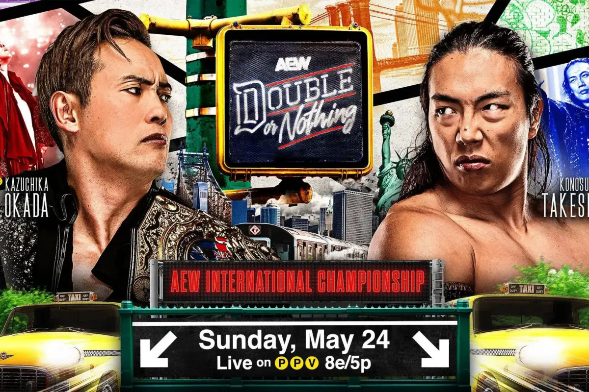 AEW Double or Nothing 2026 graphic of Konosuke Takeshita and Kazuchika Okada, part of the AEW May 2026 top stars.