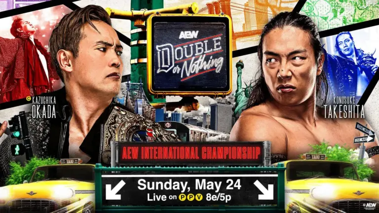 AEW Double or Nothing 2026 graphic of Konosuke Takeshita and Kazuchika Okada, part of the AEW May 2026 top stars.